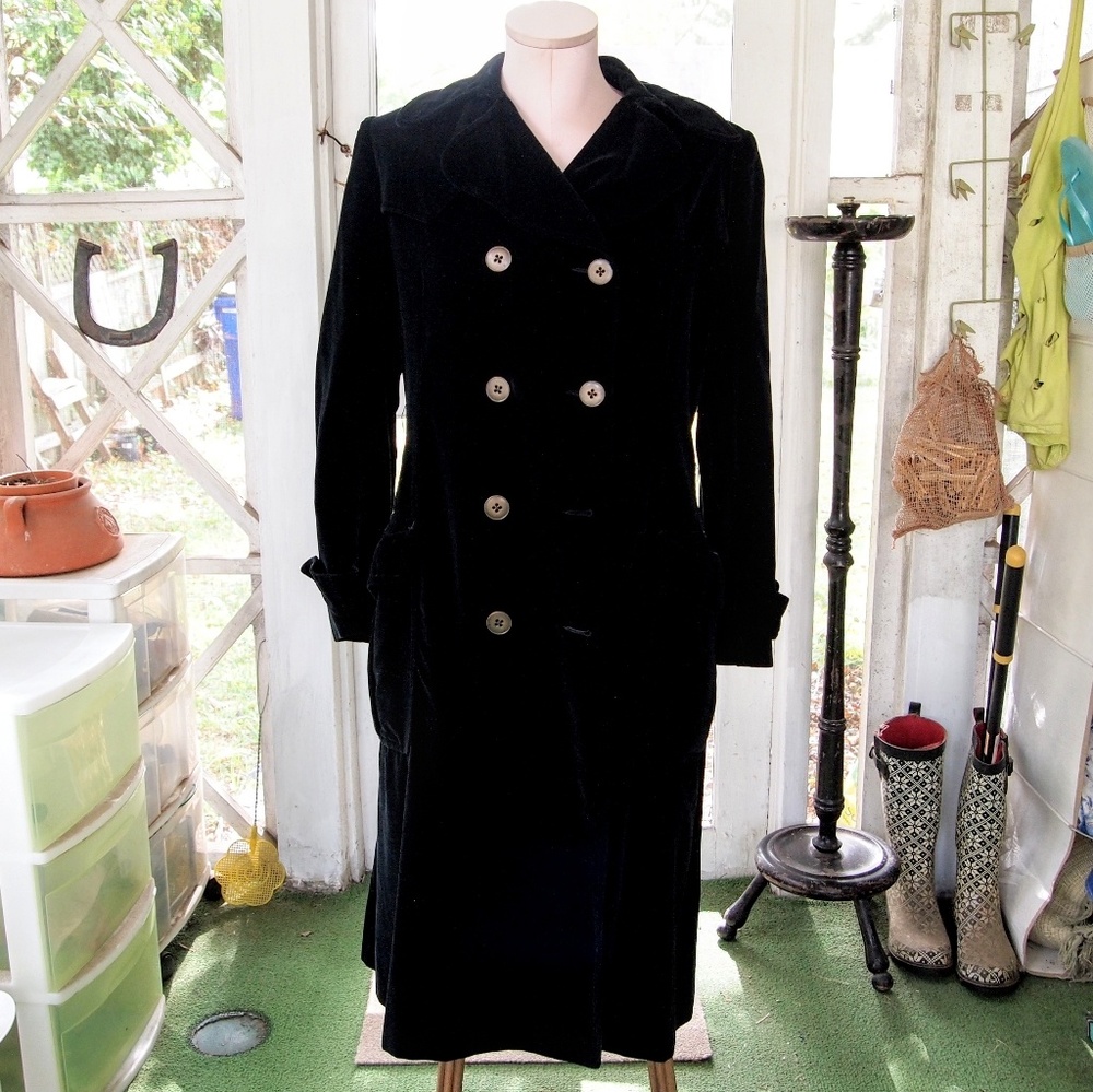 Black Maxi Coat Vintage Velvet Double Bre